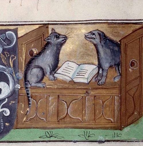Medieval image of a grey cat and shaggy grey dog sitting on a bench, looking over a book